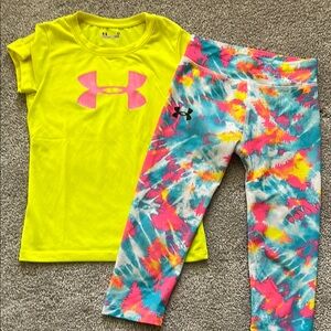 Under Armour Neon Yellow Heatgear Tee and Tie-Dye Leggings Size 6